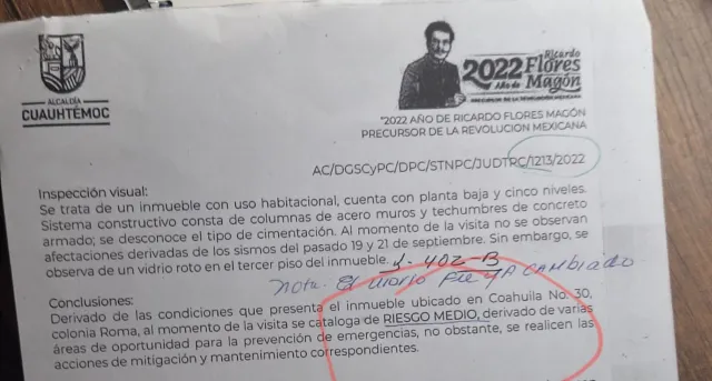 Alcaldía Cuauhtémoc indicó que en el edificio había riesgo medio.   